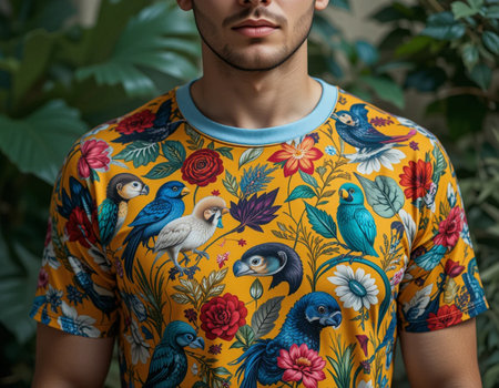 cropped view of young man in floral shirt with birds on itの素材