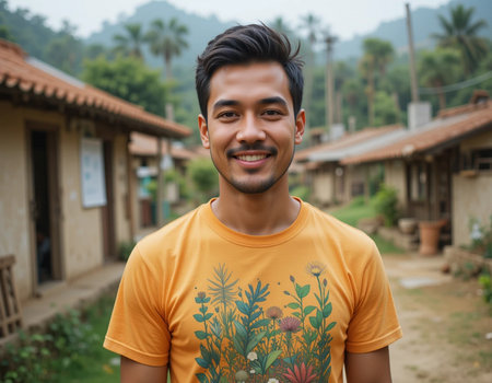 Portrait of young handsome Asian man wearing t-shirt outdoors.の素材