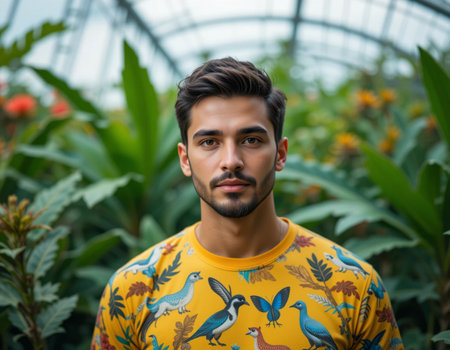 Young handsome Indian man with short hair wearing colorful shirt in a greenhouseの素材