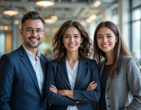 Portrait of happy businesspeople standing with arms crossed in modern officeの素材
