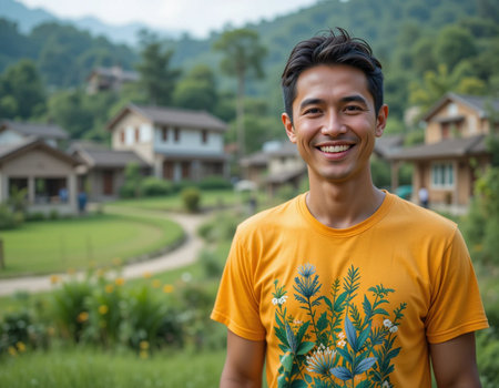 Portrait of young handsome Asian tourist man smiling at camera in the gardenの素材