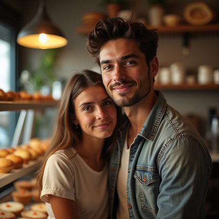 Portrait of a happy young couple looking at camera in a bakeryの素材