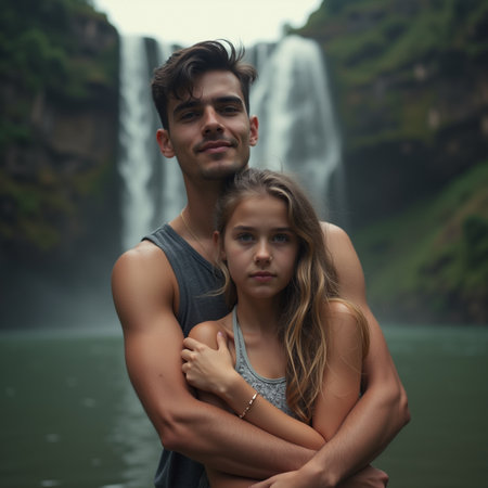 Young couple in love on the background of a waterfall in the mountainsの素材