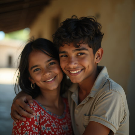 Portrait of a teenage boy and girl smiling at the camera.の素材