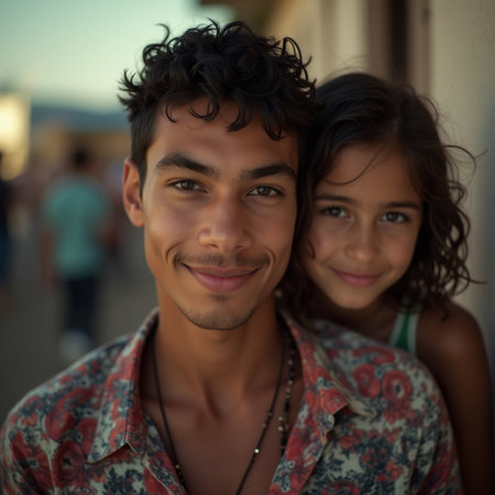 Portrait of a happy father and his daughter smiling in the streetの素材