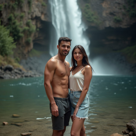 Young couple standing in front of a waterfall and looking at the cameraの素材