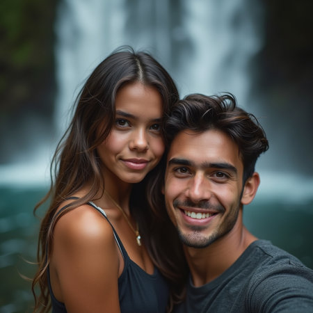 Portrait of happy young couple looking at camera in front of waterfallの素材