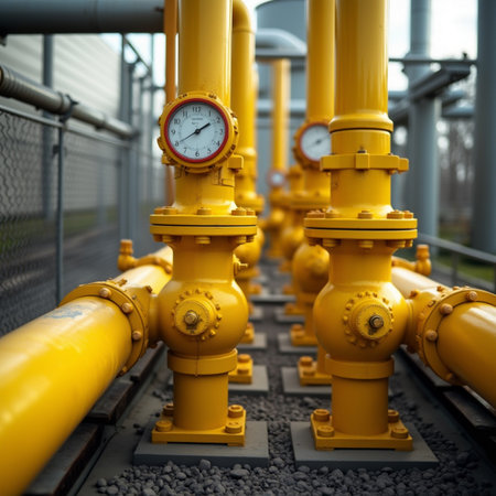 Yellow gas pipeline with pressure gauge. Yellow gas pipeline with pressure gauge.の素材