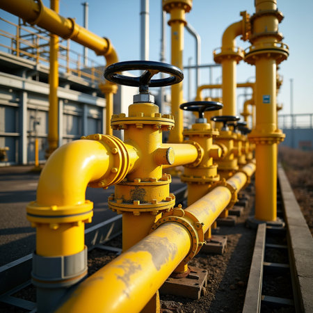 Pipeline of oil refinery. Yellow pipes and valves. industrial backgroundの素材