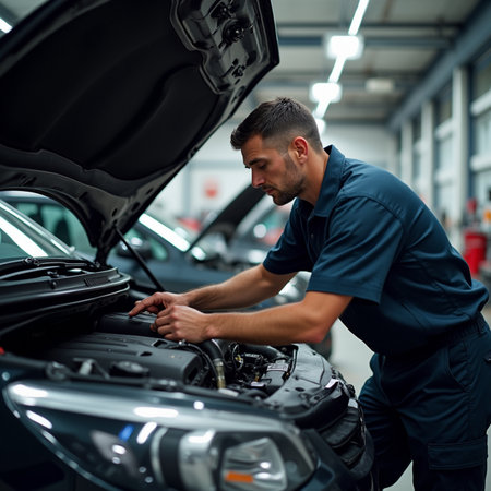 auto mechanic working at auto repair service station, checking engine oil levelの素材