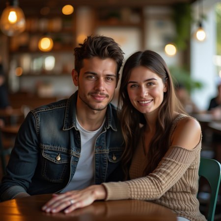 Portrait of young couple sitting at table in cafe and smiling.の素材