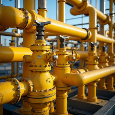 Oil refinery. Equipment for primary oil refining. Yellow pipes and valves.の素材