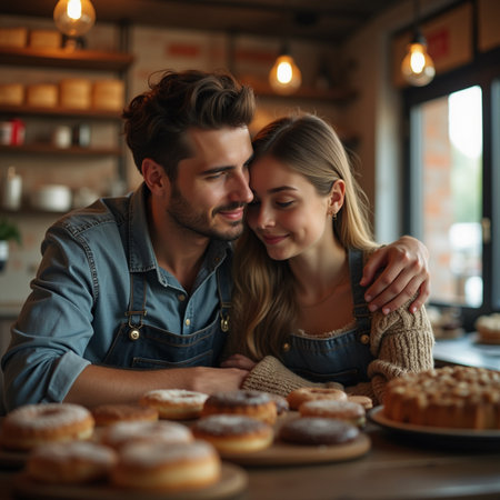 Couple in love sitting at the table with donuts in cafeの素材