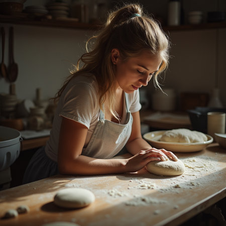 Young woman kneading dough on table in kitchen at home.の素材
