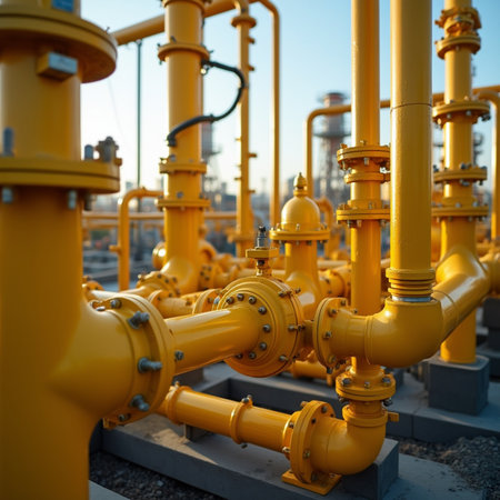 Oil refinery. Equipment for primary oil refining. Yellow pipes and valves.の素材