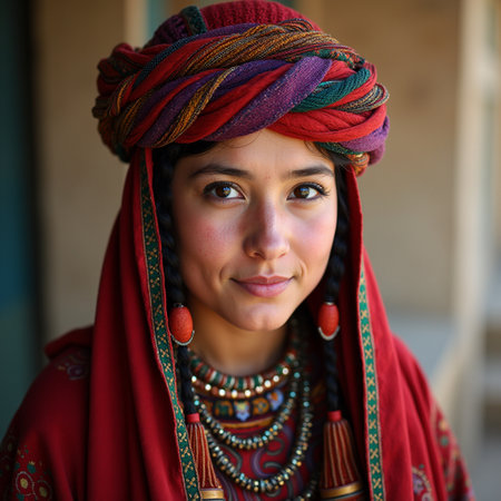Portrait of an Indian woman wearing a colorful headscarf and earringsの素材