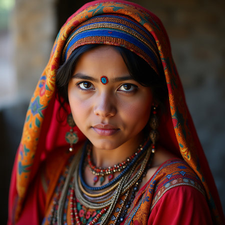 Portrait of a beautiful Indian girl in traditional clothes. India.の素材