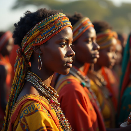 Portrait of a beautiful young African woman in traditional clothes and headscarfの素材