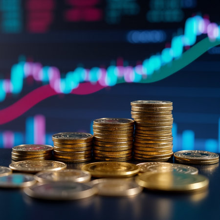 Coins stacks and candlestick chart on the background. Business and finance concept.の素材