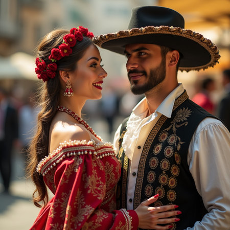 Beautiful young couple in traditional clothes at the European cityの素材