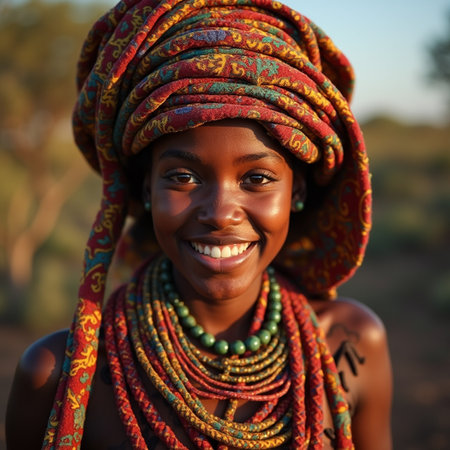 Portrait of a beautiful young African woman wearing a colorful headscarf.の素材
