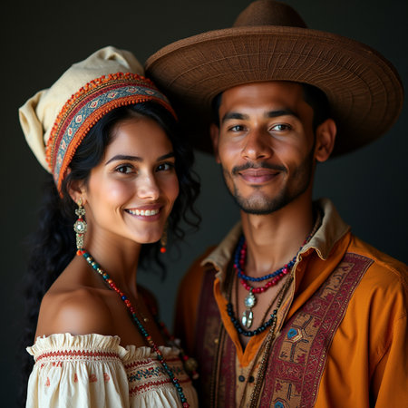 Portrait of a happy young couple in traditional clothing smiling at cameraの素材