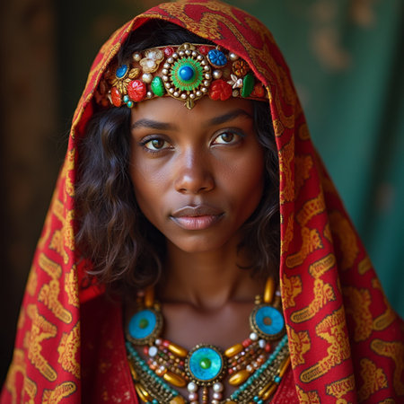Portrait of beautiful African American woman in traditional clothes.の素材