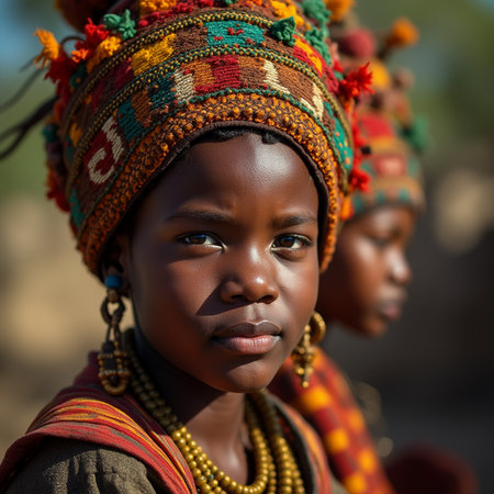 Unidentified Togolese little girl in national costume at the Lome fetish market. Togo people suffer from poverty due to the bad economyの素材