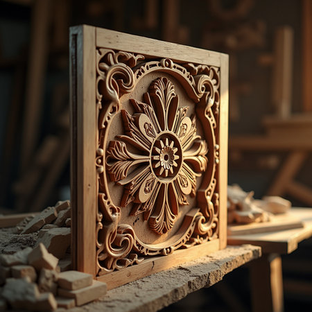 Wood carving of a flower in a pottery workshop. Close-up.の素材