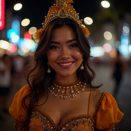 Portrait of beautiful Asian woman in traditional costume at night.の素材