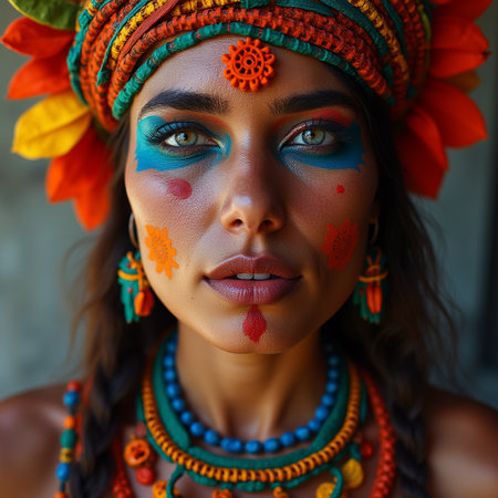 Portrait of beautiful young Indian woman with creative make up and headdressの素材