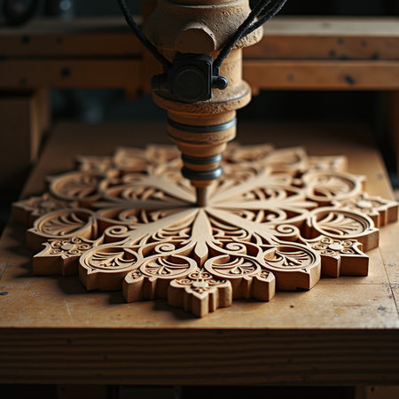 Wood carving machine on a workbench in a carpentry workshop.の素材