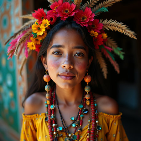 Portrait of a beautiful young Indian woman with flower wreathの素材