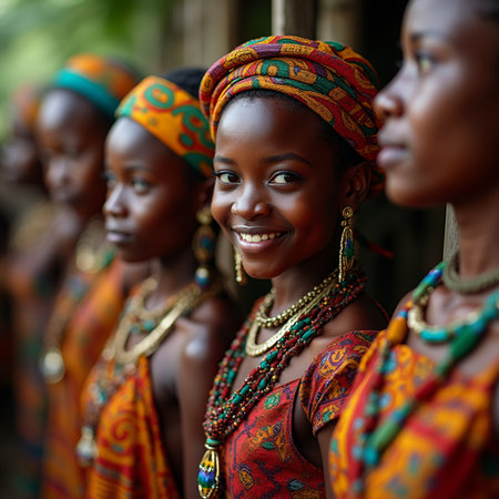 Portrait of a group of African women wearing traditional clothes and smilingの素材