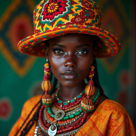 Portrait of a beautiful African woman in a hat with earrings.の素材