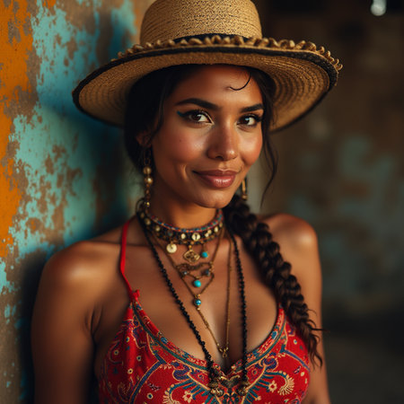 Portrait of a beautiful young African American woman in a straw hatの素材