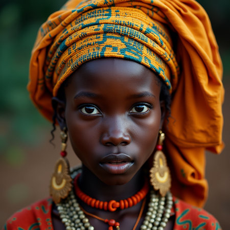 Portrait of a beautiful young African woman in a traditional clothes.の素材