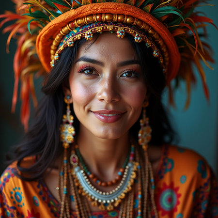 Portrait of a beautiful Indian woman wearing Indian headdressの素材