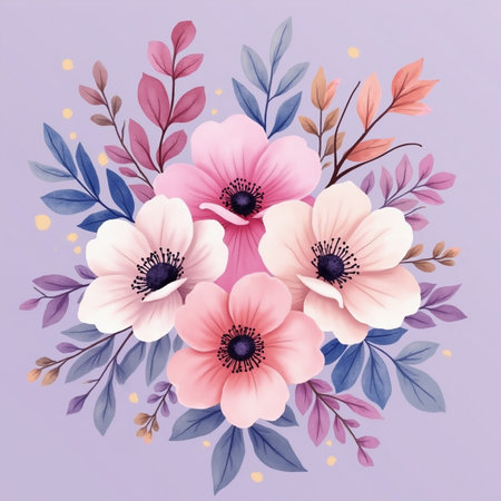 Watercolor floral bouquet with poppies and leaves. Vector illustration.の素材