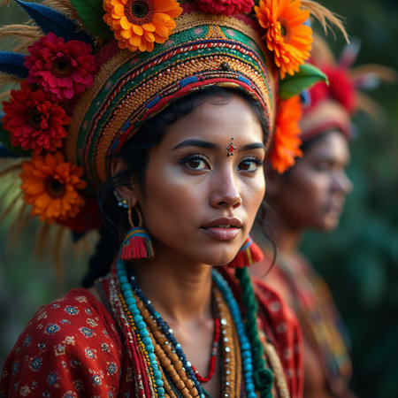 Portrait of a beautiful Indian girl in traditional clothes with flowers.の素材