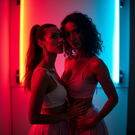 Portrait of two beautiful young women in white and blue neon lightの素材