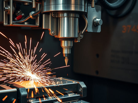 CNC milling machine cutting metal with sparks. High technology.の素材
