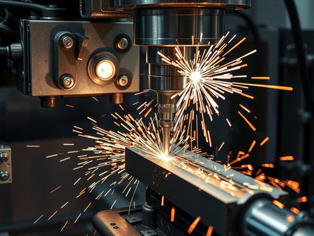 The CNC milling machine cutting the metal part with the sparking light. The hi-technology automotive parts manufacturing process.の素材