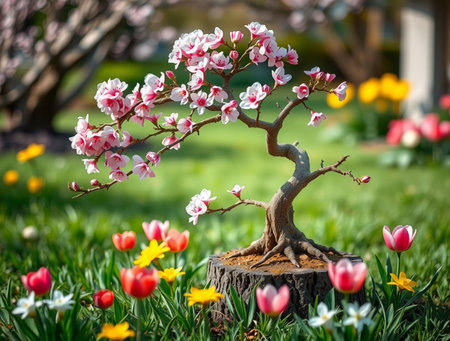 Bonsai tree in spring garden with tulips and daffodilsの素材
