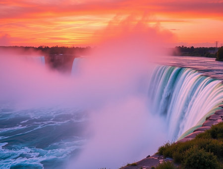 Niagara Falls at sunrise, Ontario, Canada. The most powerful waterfall in the world.の素材