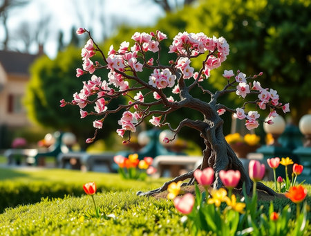 Bonsai tree in the garden with tulips in the backgroundの素材