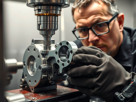 Mature man working on a CNC milling machine in his workshopの素材