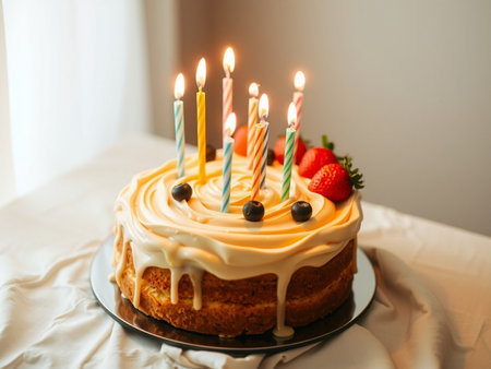 Birthday cake with candles and berries on table, close-upの素材