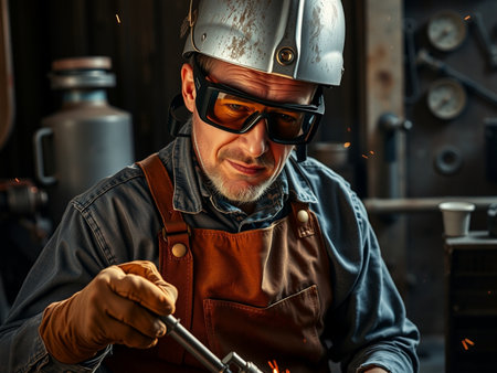 Portrait of a male welder in a helmet and goggles welds metal.の素材