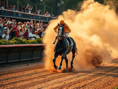 Horse galloping in the racecourse at sunset, motion blurの素材